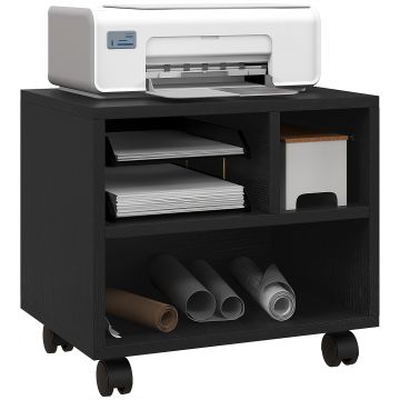HOMCOM Suport Imprimantă pe 2 Niveluri cu Depozitare, Cărucior Imprimantă pe Roți cu 3 Compartimente, Masă pentru Imprimantă, 40x30x36 cm, Negru