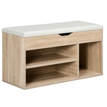 HOMCOM Bancă pentru Pantofi cu 3 Compartimente, Spațiu Ascuns și Șezut din Piele PU, 80x30x43 cm, Lemn Natural | Aosom Romania