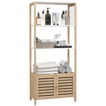 HOMCOM Mobilier de Baie cu 3 Rafturi, Dulăpior Inferior, Dulapior de Baie din Bambus, 63x30x138 cm, Alb | Aosom Romania