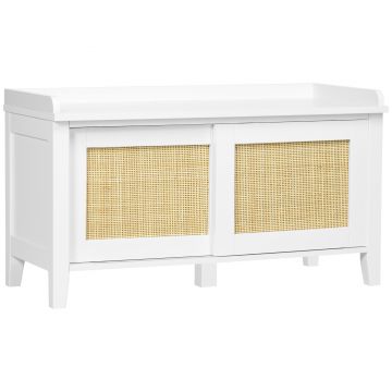 HOMCOM Banc de pantofi mobilier de depozitare cu ușă glisantă și fațade din răchită împletită 80 x 35 x 45 cm alb | Aosom Romania HOMCOM Banc de pantofi mobilier de depozitare cu ușă glisantă și fațade din răchită împletită 80 x 35 x 45 cm alb | Aosom Romania