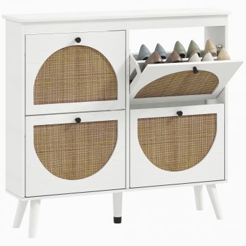 HOMCOM Dulap de pantofi 4 plier 20 de perechi raft ajustabil stil boem picioare din lemn masiv 105 x 24 x 97.5 cm alb | Aosom Romania HOMCOM Dulap de pantofi 4 plier 20 de perechi raft ajustabil stil boem picioare din lemn masiv 105 x 24 x 97.5 cm alb | Aosom Romania
