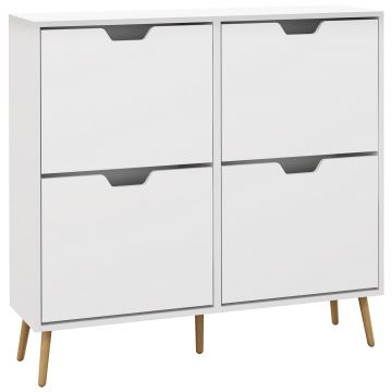 HOMCOM, Dulap pantofi, 4 clapete, 16 perechi, cu raft reglabil, picioare din lemn de pin, 95 x 26 x 95 cm, alb | Aosom Romania HOMCOM, Dulap pantofi, 4 clapete, 16 perechi, cu raft reglabil, picioare din lemn de pin, 95 x 26 x 95 cm, alb | Aosom Romania