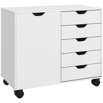 HOMCOM Mobila de depozitare pentru birou 5 sertare 1 usa raft ajustabil, suport imprimanta cu rotile, 78x40x66,5 cm, alb | Aosom Romania HOMCOM Mobila de depozitare pentru birou 5 sertare 1 usa raft ajustabil, suport imprimanta cu rotile, 78x40x66,5 cm, alb | Aosom Romania