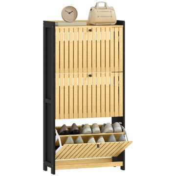 HOMCOM Mobila pentru pantofi 18 perechi cu 3 sertare rabatabile, uși din bambus cu lamele, 60x24x118cm, negru și lemn natural | Aosom Romania HOMCOM Mobila pentru pantofi 18 perechi cu 3 sertare rabatabile, uși din bambus cu lamele, 60x24x118cm, negru și lemn natural | Aosom Romania
