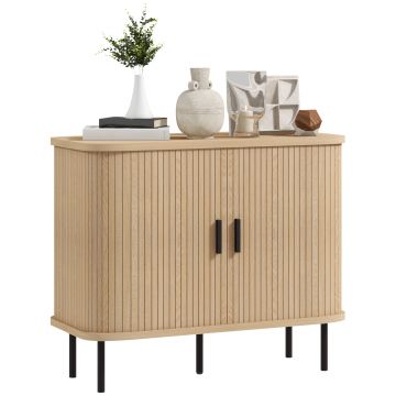 HOMCOM Bufet mobilier de depozitare cu uși culisante cu lamelă, dulap de bucătărie cu picioare din oțel, ton stejar | Aosom Romania HOMCOM Bufet mobilier de depozitare cu uși culisante cu lamelă, dulap de bucătărie cu picioare din oțel, ton stejar | Aosom Romania