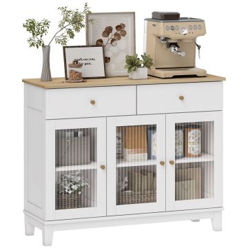 HOMCOM Bufet salon cu 2 dulapuri cu uși din sticlă temperată canelată, 2 sertare și rafturi reglabile, 100 x 35 x 80,3 cm, alb | Aosom Romania HOMCOM Bufet salon cu 2 dulapuri cu uși din sticlă temperată canelată, 2 sertare și rafturi reglabile, 100 x 35 x 80,3 cm, alb | Aosom Romania