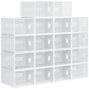 HOMCOM Dulap pentru pantofi modular cu orificii de ventilatie, 18 cuburi 28x36x21cm din plastic PP, alb si transparent | Aosom Romania